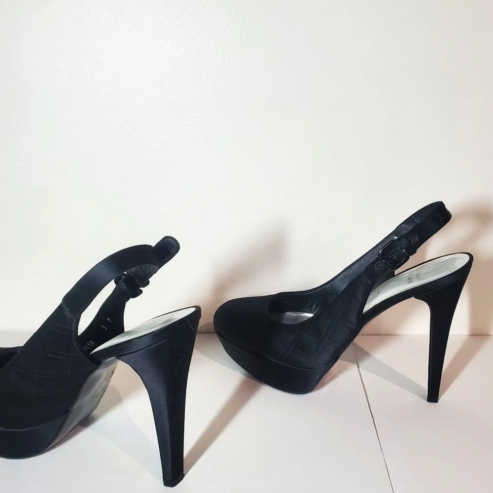 Stewart Weitzman Black Satin Sling-back‎ Pumps Size 9M Rounded Toe